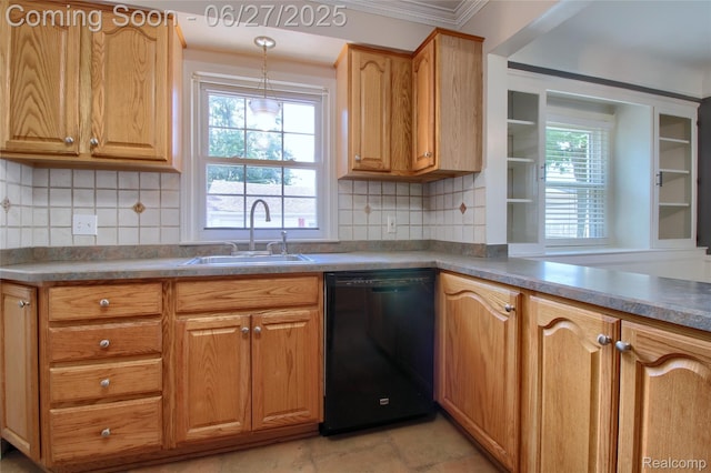 2371 Allard Ave, Grosse Pointe Woods, MI 48236 - kitchen featuring dishwasher, ornamental molding, decorative backsplash, and decorative light fixtures