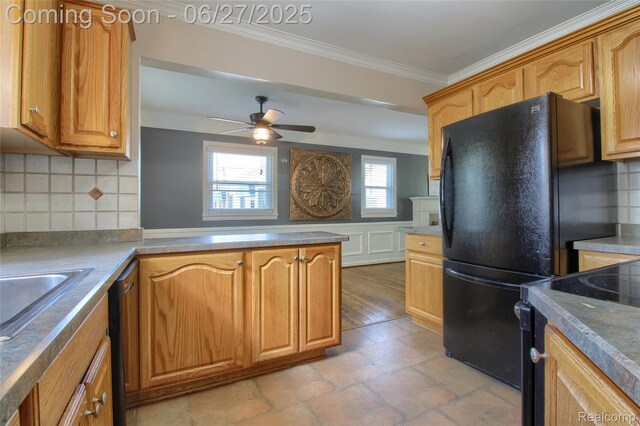 2371 Allard Ave, Grosse Pointe Woods, MI 48236 - kitchen featuring ornamental molding, freestanding refrigerator, ceiling fan, brown cabinetry, and decorative backsplash