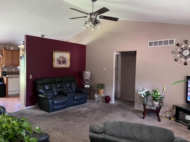 5344 Wheat Way Ave, Swartz Creek, MI 48473 - living room with ceiling fan, light carpet, and high vaulted ceiling