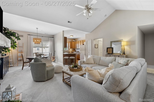 3201 Addington Dr, Commerce Twp, MI 48390 - living area featuring ceiling fan, high vaulted ceiling, and light colored carpet