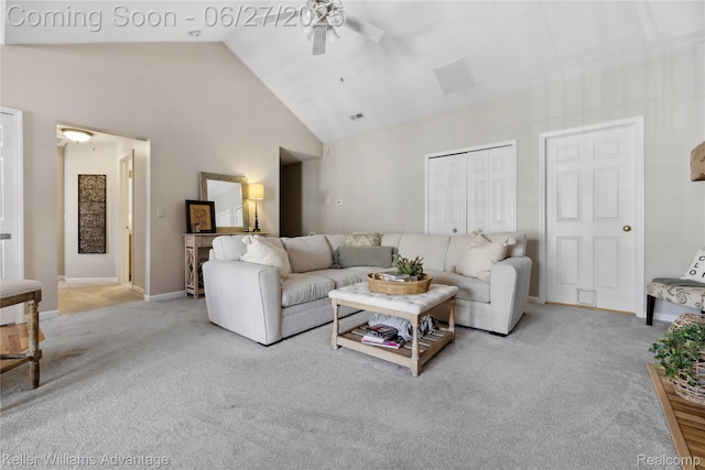 3201 Addington Dr, Commerce Twp, MI 48390 - carpeted living room with high vaulted ceiling and ceiling fan