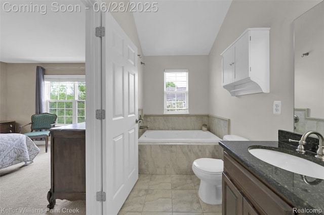 6014 Windemere Ln, Shelby Twp, MI 48316 - full bath with a bath, vanity, vaulted ceiling, connected bathroom, and marble look tile flooring