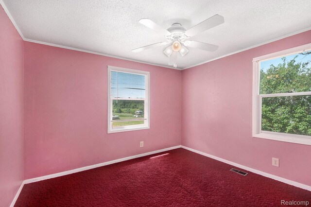 367 N Morrison Rd, West Branch, MI 48661 - unfurnished room with plenty of natural light, a textured ceiling, ceiling fan, dark colored carpet, and ornamental molding