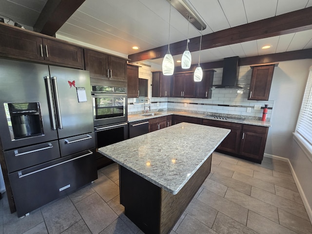9361 W Parkway St, Detroit, MI 48239 - kitchen with high end fridge, wall chimney range hood, beamed ceiling, backsplash, and dark brown cabinetry