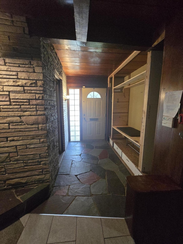 9361 W Parkway St, Detroit, MI 48239 - foyer entrance with stone finish floors and wooden ceiling