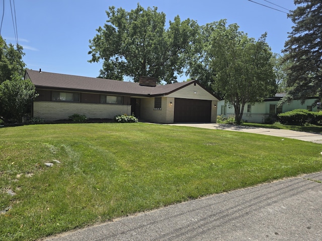 9361 W Parkway St, Detroit, MI 48239 - ranch-style home with an attached garage, concrete driveway, brick siding, a chimney, and a front lawn