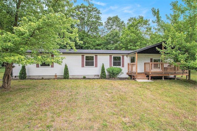 80150 46th Ave, Coloma, MI 49038 - view of front facade with crawl space, a front lawn, a deck, and a shingled roof