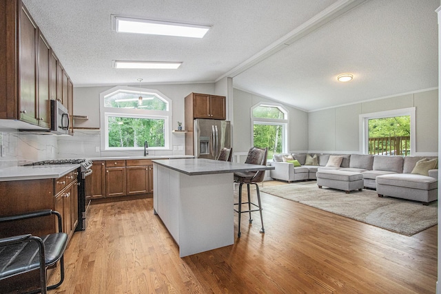 80150 46th Ave, Coloma, MI 49038 - kitchen with stainless steel appliances, a kitchen bar, light wood-style floors, plenty of natural light, and lofted ceiling