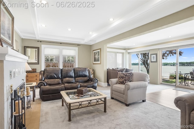 4725 Motorway Dr, Waterford, MI 48328 - living room with a fireplace, recessed lighting, a water view, and light wood-type flooring
