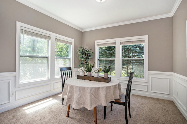 6061 Equestrian Woods Ct, Kalamazoo, MI 49009 - dining area with light carpet, wainscoting, crown molding, and a decorative wall