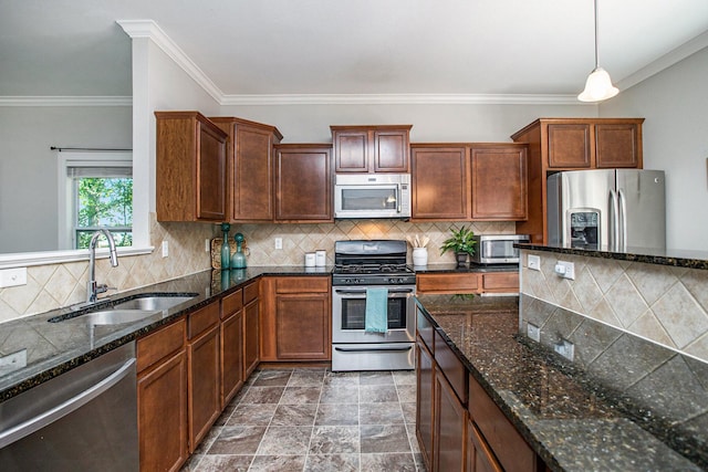 6061 Equestrian Woods Ct, Kalamazoo, MI 49009 - kitchen featuring stainless steel appliances, backsplash, dark stone counters, crown molding, and pendant lighting