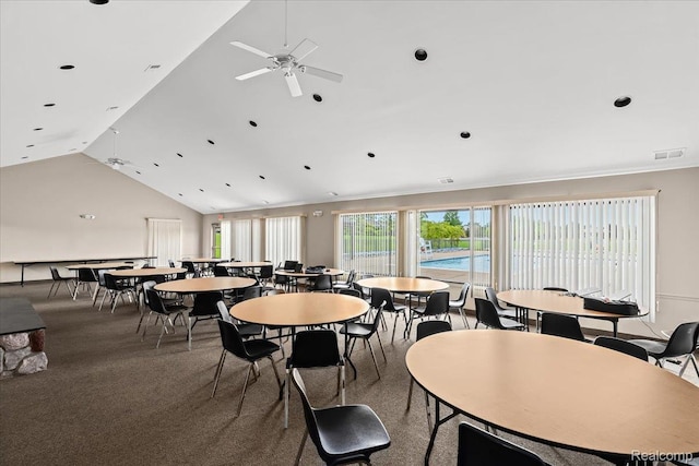 6848 Chadwick Dr, Canton, MI 48187 - dining space with a ceiling fan, lofted ceiling, carpet floors, and recessed lighting