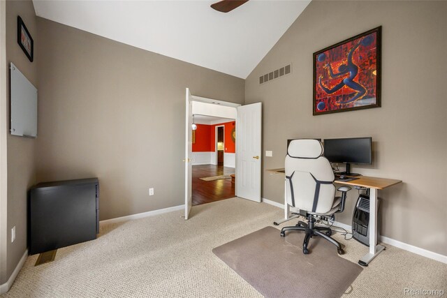 1249 Lasalle Rd, Canton, MI 48187 - carpeted home office featuring a ceiling fan and high vaulted ceiling