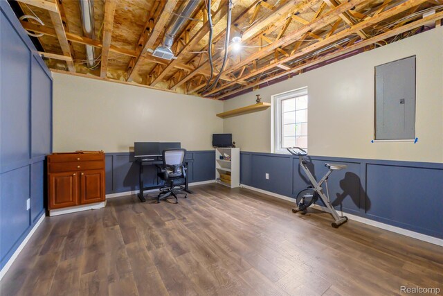 1249 Lasalle Rd, Canton, MI 48187 - office featuring electric panel, dark wood finished floors, and a wainscoted wall