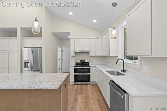 917 Chickasaw Dr, Mason, MI 48854 - kitchen with stainless steel appliances, under cabinet range hood, wood finished floors, white cabinets, and recessed lighting