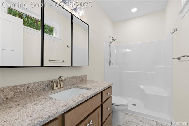 917 Chickasaw Dr, Mason, MI 48854 - full bathroom featuring marble finish floors, vanity, a shower, and recessed lighting
