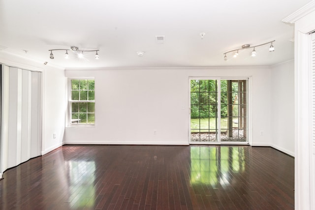 3046 Barclay Way, Ann Arbor, MI 48105 - unfurnished room with rail lighting, ornamental molding, wood-type flooring, and a pendent fire sprinkler