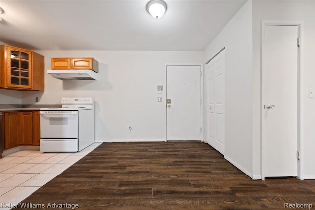 1565CHERBONEAU Cherboneau Pl Unit 52, Detroit, MI 48207 - kitchen with white electric range, under cabinet range hood, glass insert cabinets, brown cabinets, and light wood-type flooring
