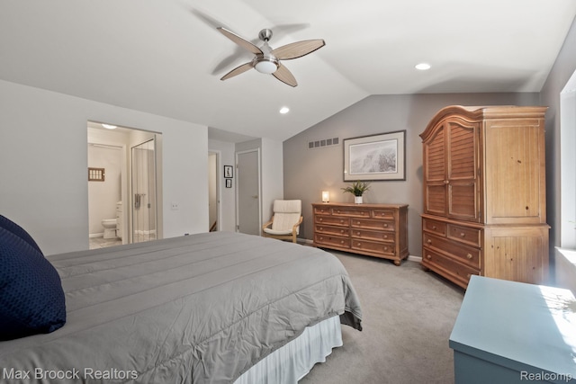 1122 Meadowglen Ct, Bloomfield Hills, MI 48304 - bedroom with vaulted ceiling, light carpet, recessed lighting, ensuite bathroom, and ceiling fan
