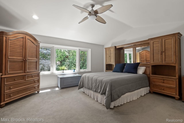 1122 Meadowglen Ct, Bloomfield Hills, MI 48304 - bedroom with light colored carpet, lofted ceiling, ceiling fan, and recessed lighting