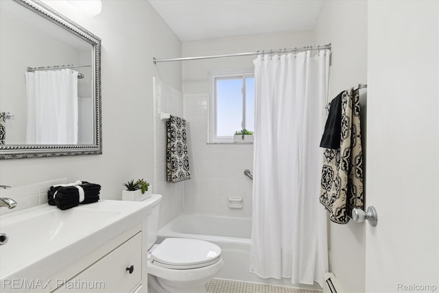 5959 Alan Dr Unit 53, Brighton, MI 48116 - bathroom featuring vanity, shower / bath combo with shower curtain, and baseboard heating