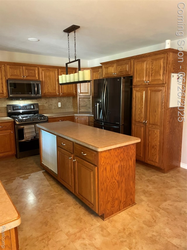 537 Bloomer Ridge Dr, Rochester, MI 48307 - kitchen with black refrigerator with ice dispenser, range with two ovens, brown cabinets, a center island, and light flooring