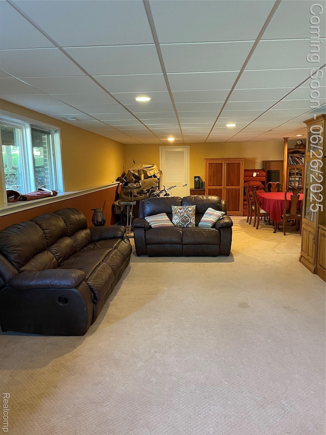 537 Bloomer Ridge Dr, Rochester, MI 48307 - living area featuring light colored carpet, a paneled ceiling, and recessed lighting