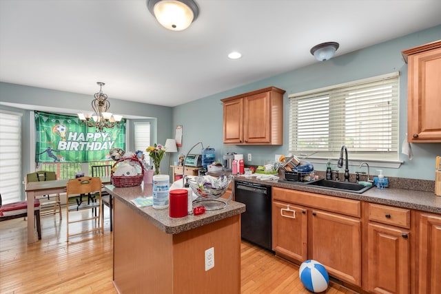 2385 Yasmin Dr, Michigan, MI 48382 - kitchen with black dishwasher, a chandelier, a center island, light wood finished floors, and recessed lighting