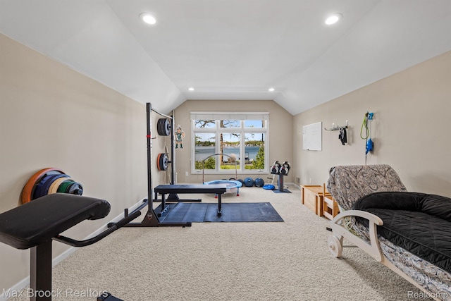 9239 Silverside, South Lyon, MI 48178 - exercise area featuring carpet floors, recessed lighting, and vaulted ceiling