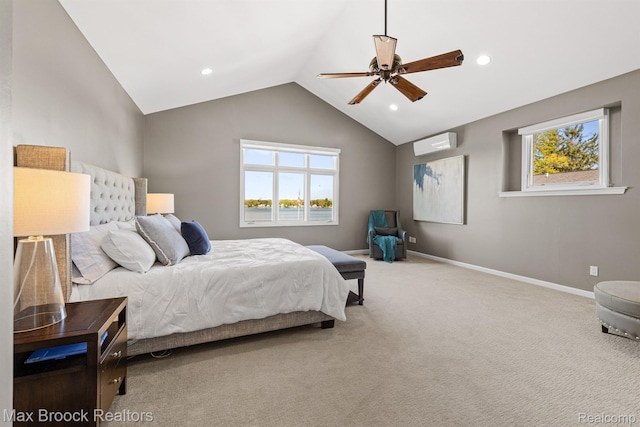 9239 Silverside, South Lyon, MI 48178 - bedroom with lofted ceiling, an AC wall unit, carpet, recessed lighting, and a ceiling fan