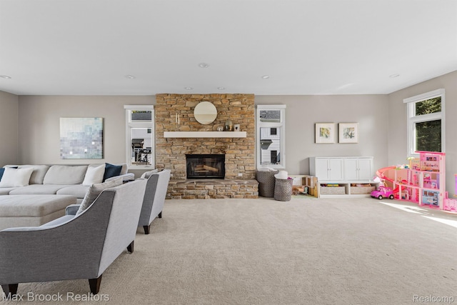9239 Silverside, South Lyon, MI 48178 - living room with carpet flooring and a stone fireplace