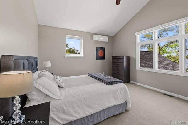 9239 Silverside, South Lyon, MI 48178 - bedroom with a wall unit AC, carpet flooring, lofted ceiling, and a ceiling fan
