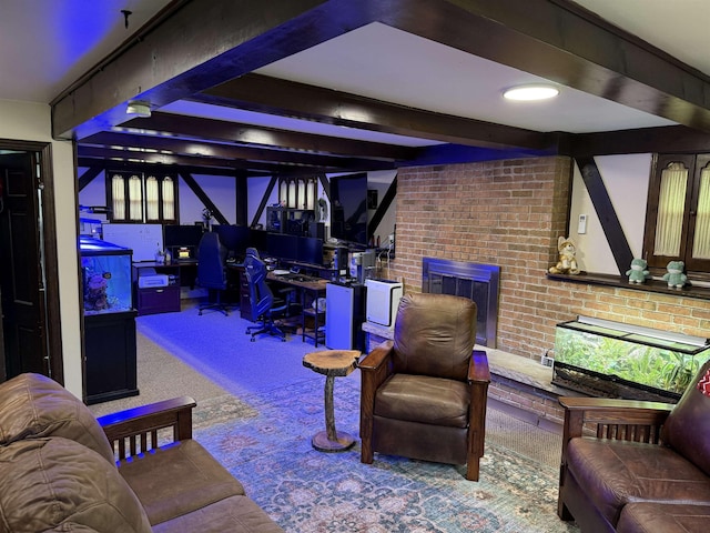 808 Stevens Dr, Owosso, MI 48867 - living area featuring carpet floors, a fireplace, beamed ceiling, and a desk
