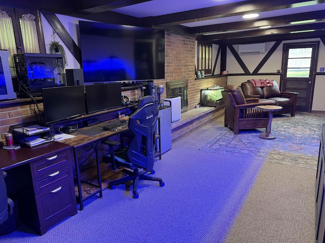 808 Stevens Dr, Owosso, MI 48867 - carpeted office space with an AC wall unit, beam ceiling, a fireplace, and brick wall