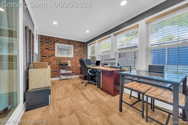 2425 Avondale St W, Sylvan Lake, MI 48320 - office space with crown molding, light wood finished floors, brick wall, and recessed lighting