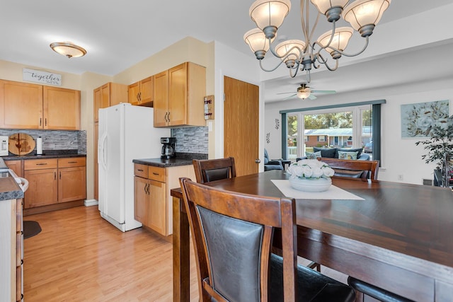 2606 S Saint Anthony St, Jackson, MI 49203 - kitchen with freestanding refrigerator, dark countertops, backsplash, a ceiling fan, and light wood-style flooring
