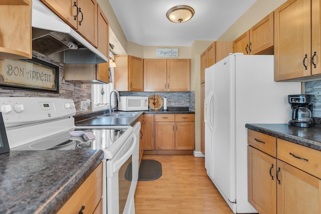 2606 S Saint Anthony St, Jackson, MI 49203 - kitchen featuring white appliances, dark countertops, tasteful backsplash, and light wood-style floors