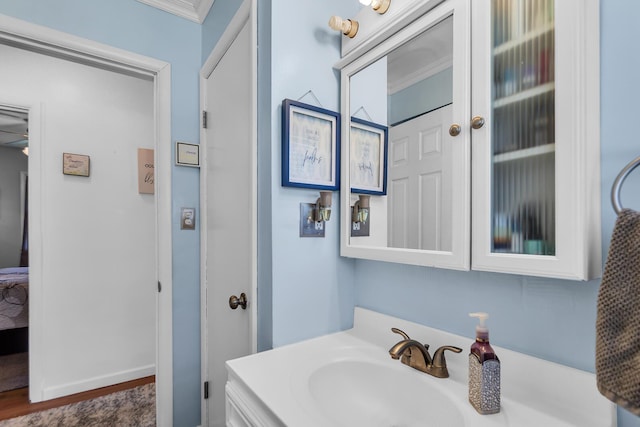 2606 S Saint Anthony St, Jackson, MI 49203 - bathroom with vanity, wood finished floors, and crown molding
