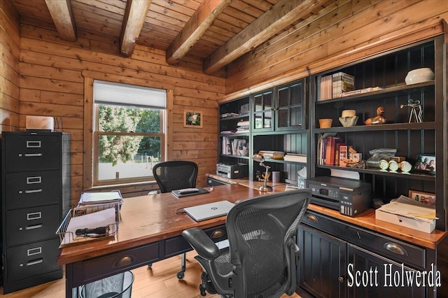 6311 142nd Ave, Holland, MI 49423 - office with a wood ceiling with exposed beams, light wood finished floors, and wood walls