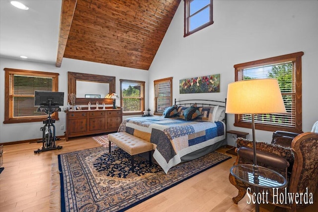 6311 142nd Ave, Holland, MI 49423 - bedroom featuring high vaulted ceiling, recessed lighting, wood finished floors, and wooden ceiling