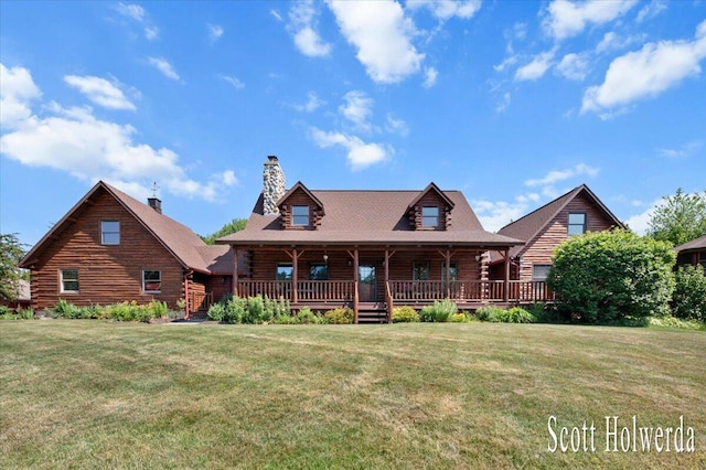6311 142nd Ave, Holland, MI 49423 - cabin featuring log siding, a chimney, and a front lawn