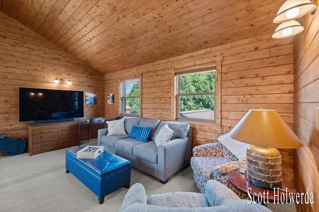 6311 142nd Ave, Holland, MI 49423 - living area featuring carpet flooring, vaulted ceiling, wooden ceiling, and wood walls