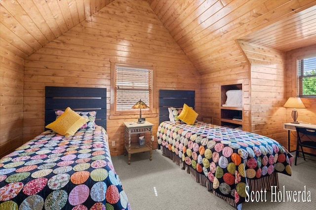 6311 142nd Ave, Holland, MI 49423 - bedroom with vaulted ceiling, carpet, wooden walls, and wooden ceiling