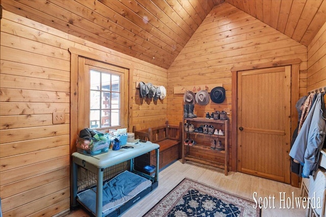 6311 142nd Ave, Holland, MI 49423 - doorway with vaulted ceiling, wooden ceiling, wood walls, and light wood-style floors
