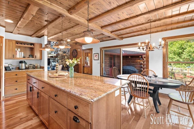 6311 142nd Ave, Holland, MI 49423 - kitchen featuring a wooden ceiling with exposed beams, light wood-type flooring, a chandelier, a kitchen island, and open shelves