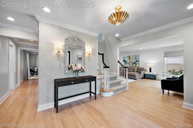 28440 Brooks Ln, Southfield, MI 48034 - hall featuring ornamental molding, stairway, wood finished floors, and recessed lighting