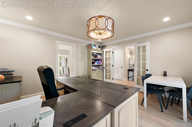 28440 Brooks Ln, Southfield, MI 48034 - kitchen featuring french doors, dark countertops, light wood finished floors, crown molding, and recessed lighting