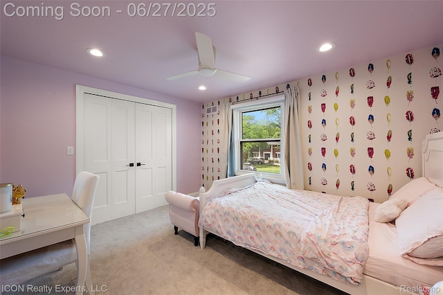 28440 Brooks Ln, Southfield, MI 48034 - bedroom with light colored carpet, a closet, recessed lighting, and a ceiling fan
