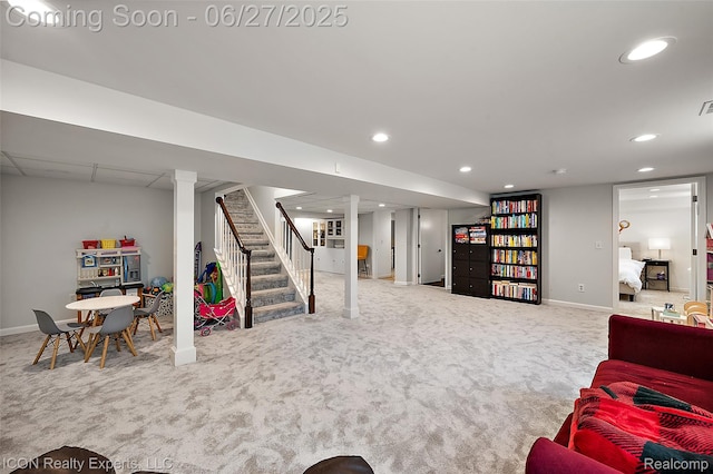 28440 Brooks Ln, Southfield, MI 48034 - carpeted living room with stairs and recessed lighting