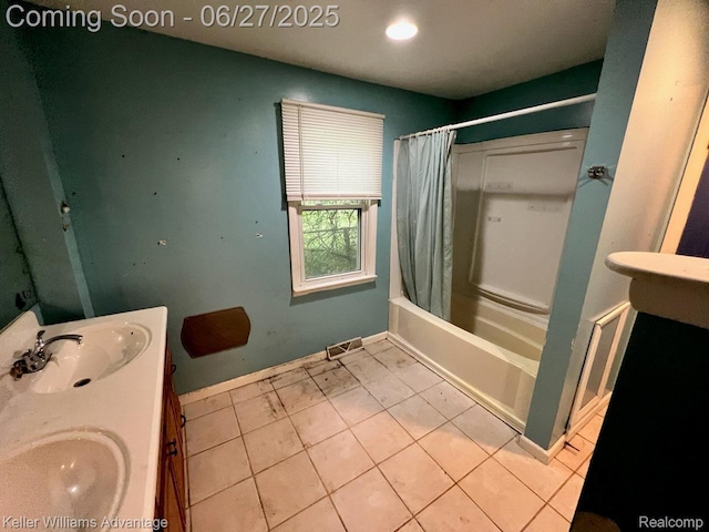 12 Hazel Ave, Pontiac, MI 48341 - full bathroom with double vanity, shower / bath combo with shower curtain, marble finish flooring, and recessed lighting
